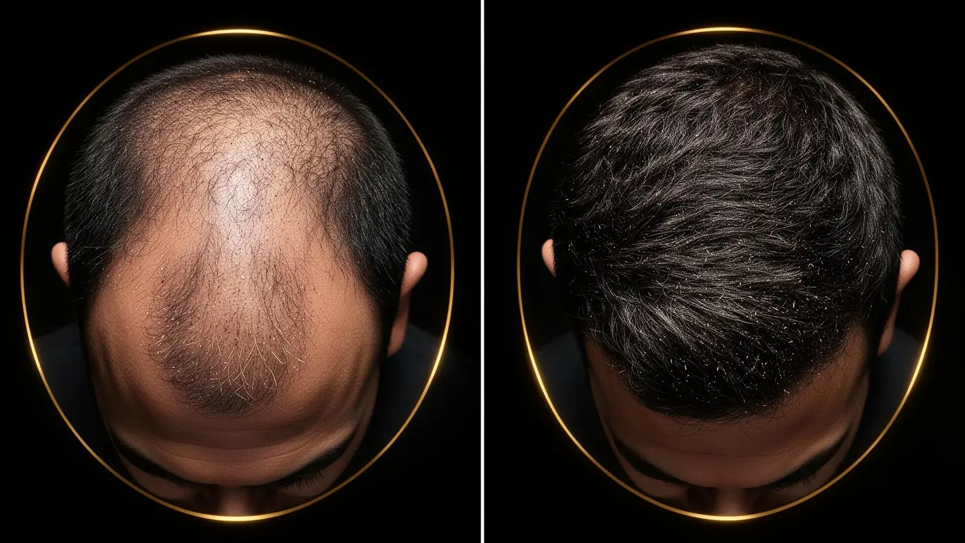 Before and after applying Man In Full hair fibers