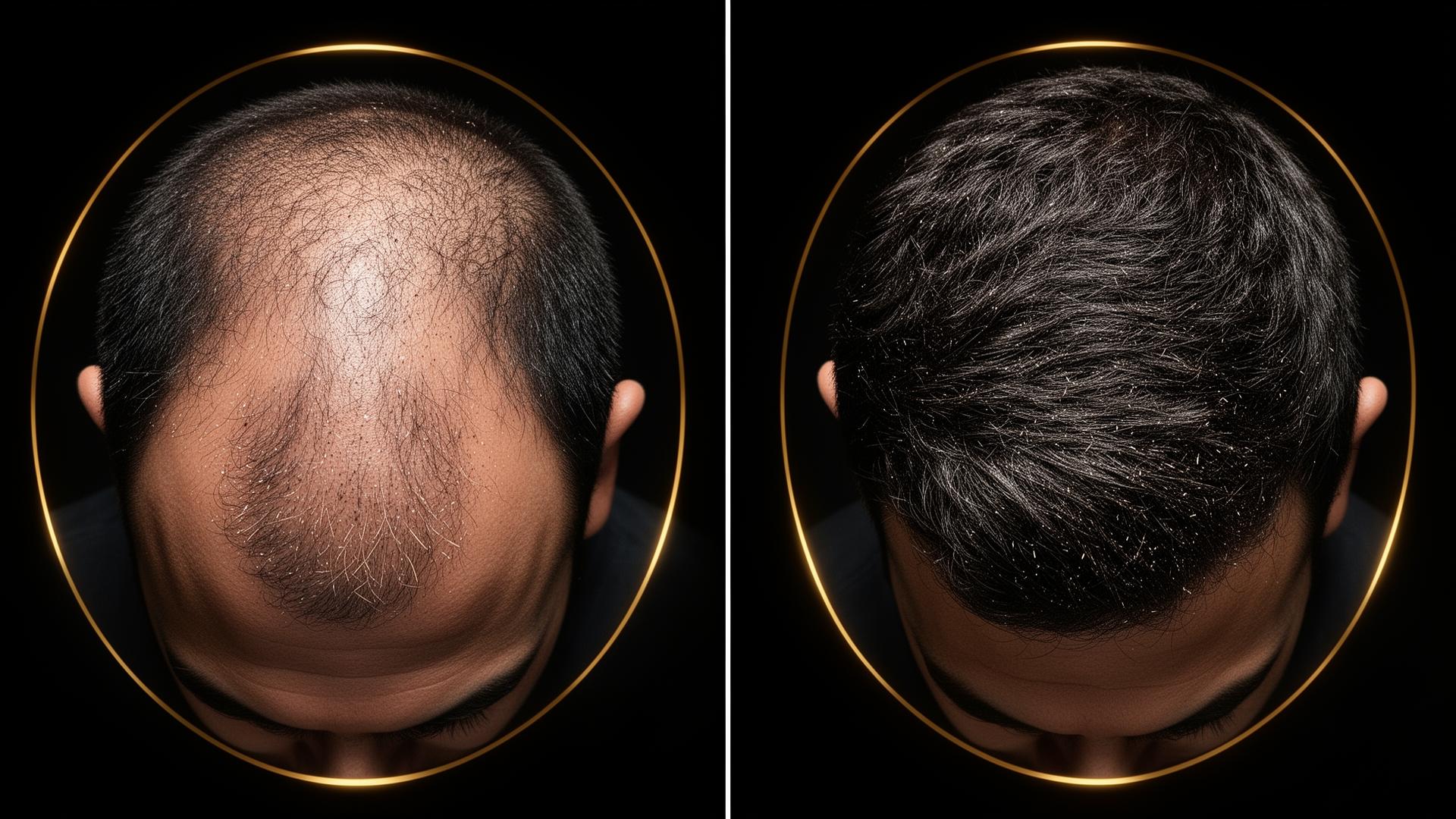 Before and after applying Man In Full hair fibers